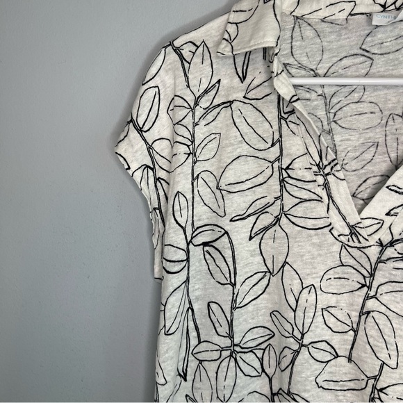 Cynthia Rowley Women 100% Linen Collared Pullover T Shirt Sz L White Black Leave - Picture 4 of 9